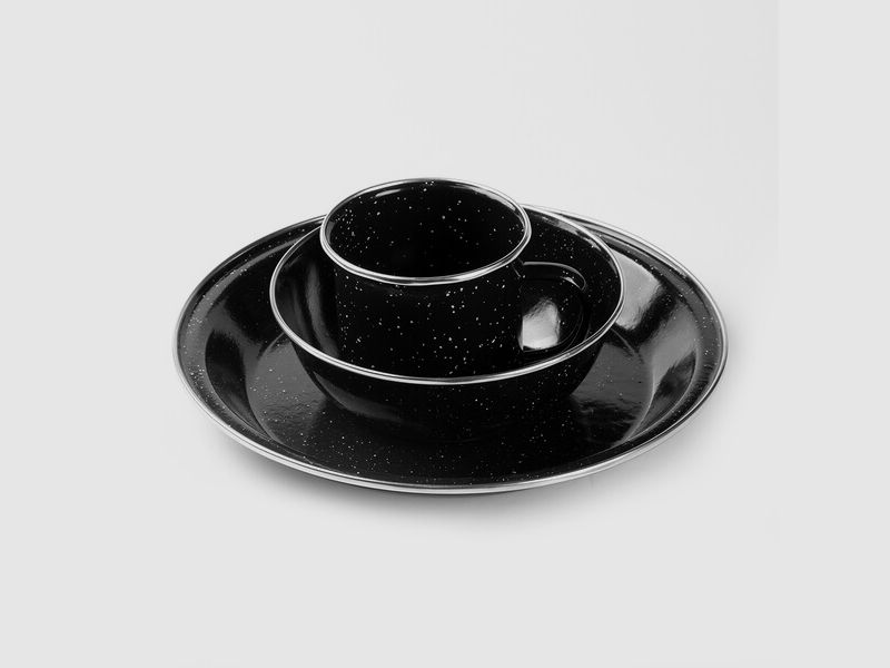 Kleines Emaille Camping-Geschirr-Set 3tlg in Schwarz - Tasse + Teller + Schüssel