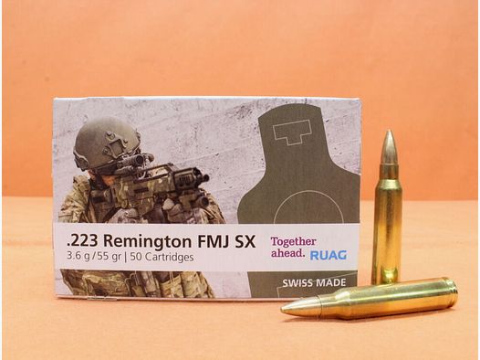 RUAG cartridges .223Rem RUAG 55grs FMJ SX (2412244) pack of 50 cartridges / 3.6g full metal jacket target (reduced pollutant)