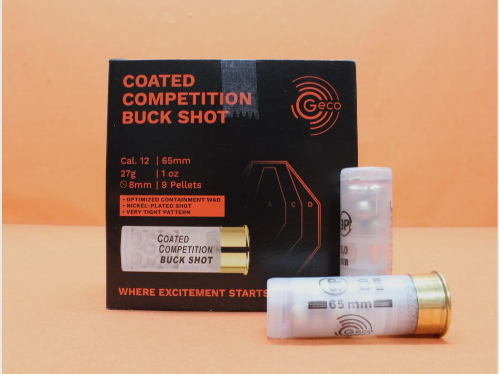 GECO cartridge 12/65 GECO 8mm/ 9P/ 27g Buck (2400232) packaging unit 25 cartridges (Coated Competition Buck Shot)