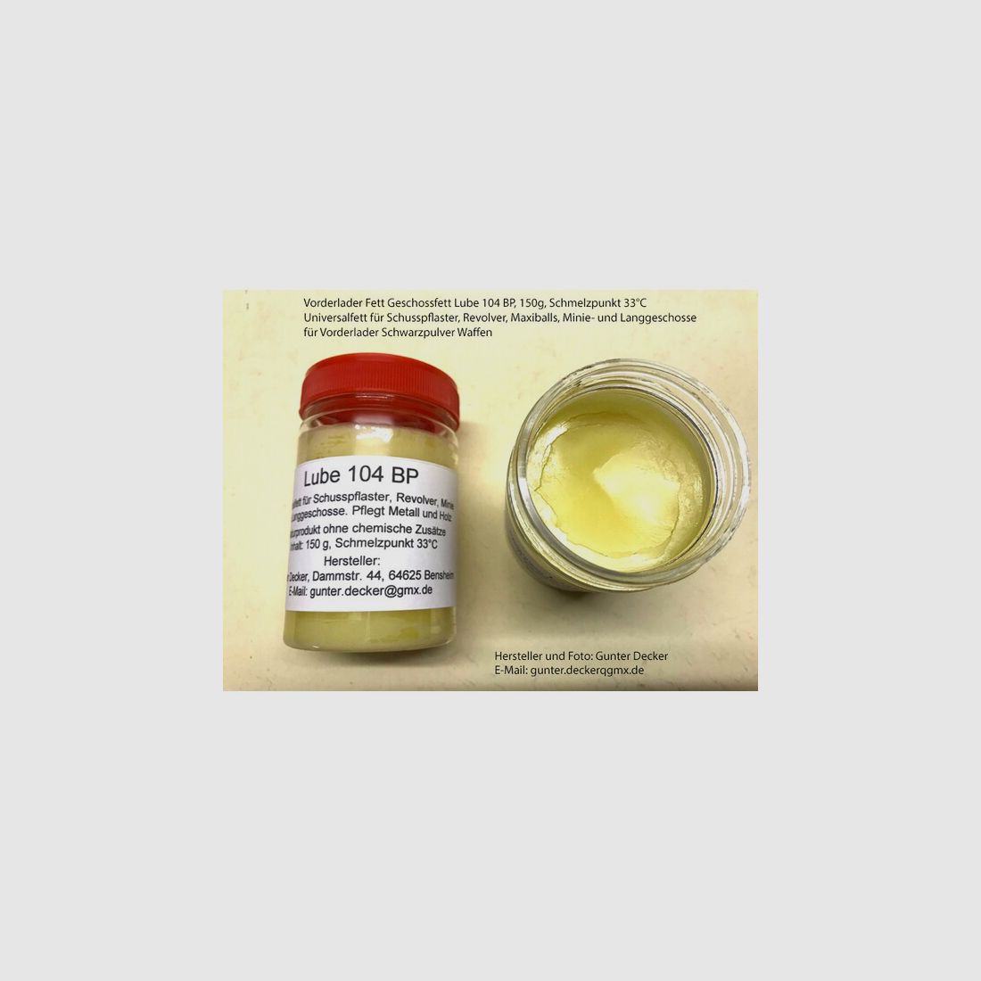 Vorderlader Fett Geschossfett Lube 104 BP 150g Schusspflaster Revolver Maxiballs Minie Langgeschosse