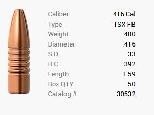 Barnes Geschoss .416/.416 400GR TSX HP FB 50 Stück