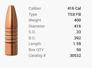 Bala Barnes .416/.416 400GR TSX HP FB 50 piezas