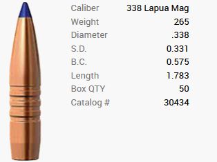 Proiettile Barnes .338 Lapua Magnum/.338 265GR Long-Range X BT 50 pezzi