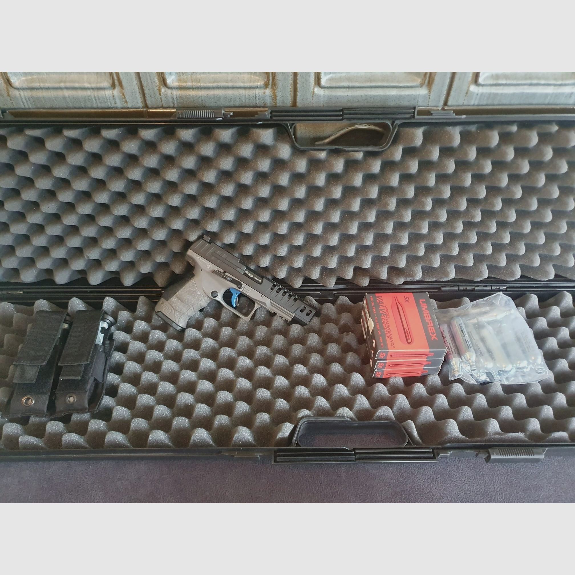 Walther Match Compo 5 CO₂-Pistole – wie neu + 30 Gaspatronen, 1500 Schuss, 3 Magazine+Halterungstasche
