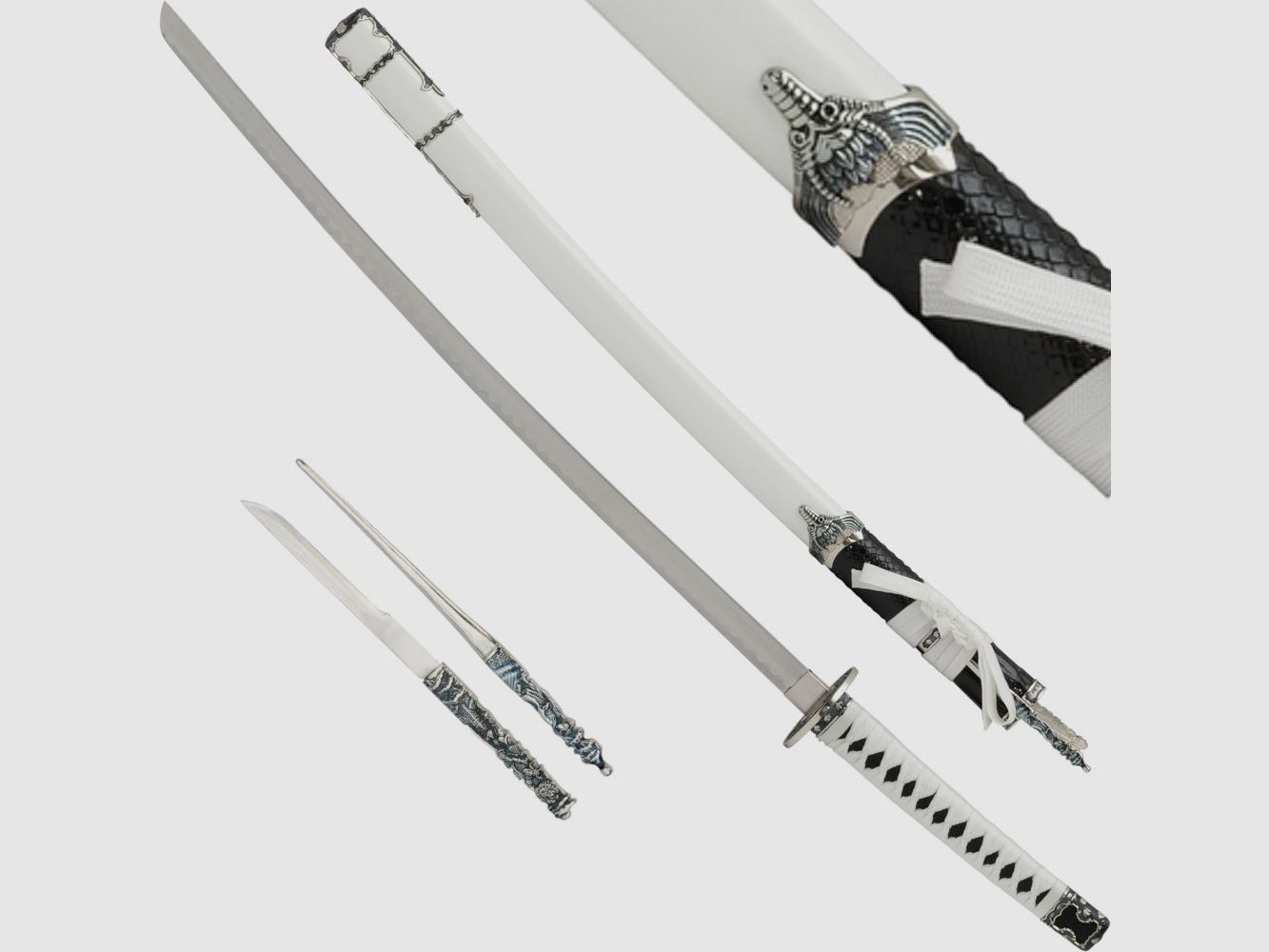 Samuraischwert mit Beimessern Katana weiss Drache