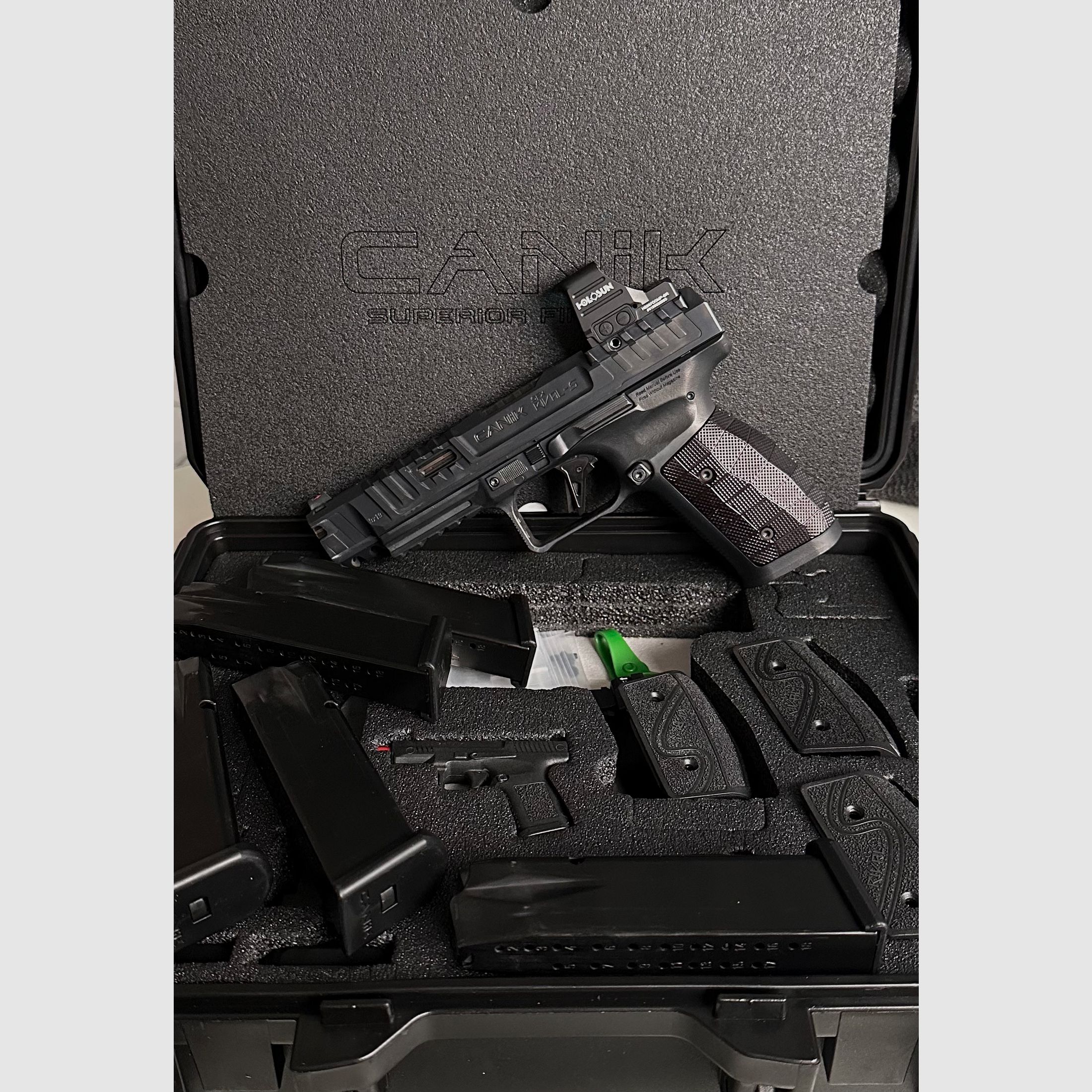 Canik SFx Rival-S with LOK aluminum grip panels, 5 magazines, Wolff springs, original packaging/accessories