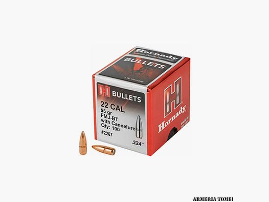 HORNADY – 22 Cal .224 55 gr FMJ-BT with cannelure (100 PZ)