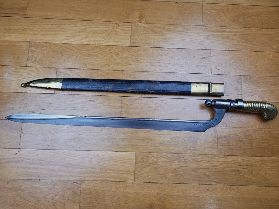 Rare baïonnette « Poncharra » 1er modèle – carabine de tirailleurs 1837 – une des + rares baïonnettes françaises fourreau(!) Excellent état, image 3 sur 24