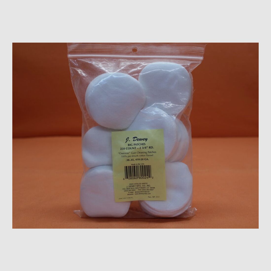 Parches de limpieza Dewey Dewey (BP-351) VE 250 pcs. algodón redondo 2,75" Adecuado para cal. .44/ .45/ .410/ escopeta 12/ 16/ 20