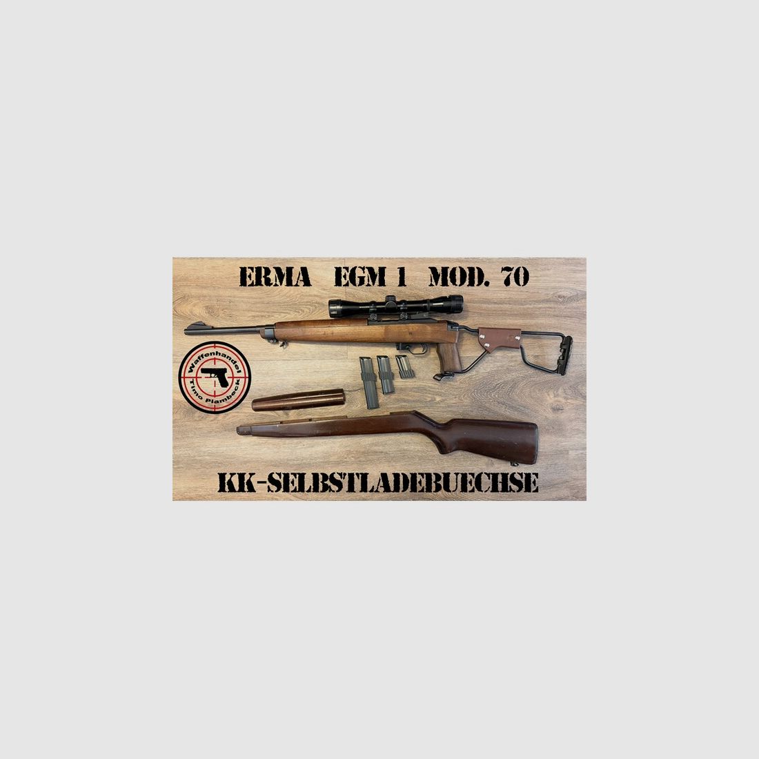 KK-Selbstladebüchse  ERMA  EGM 1  Mod. 70  mit Klappschaft, original Holzschaft, drei Magazine..