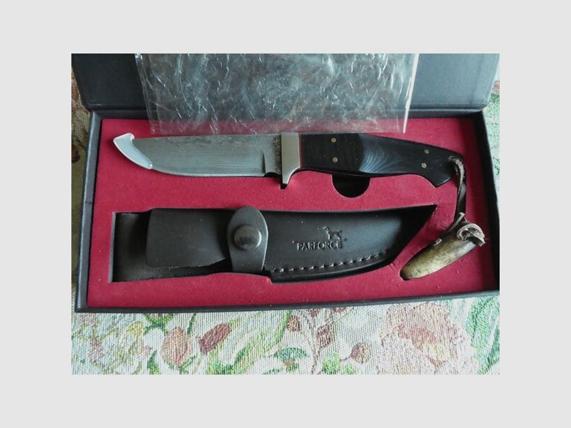 Damastmesser Parforce Rhamboss m.Lederscheide, 73 Lagen,Kern 440 C Stahl NEU ,in OVP