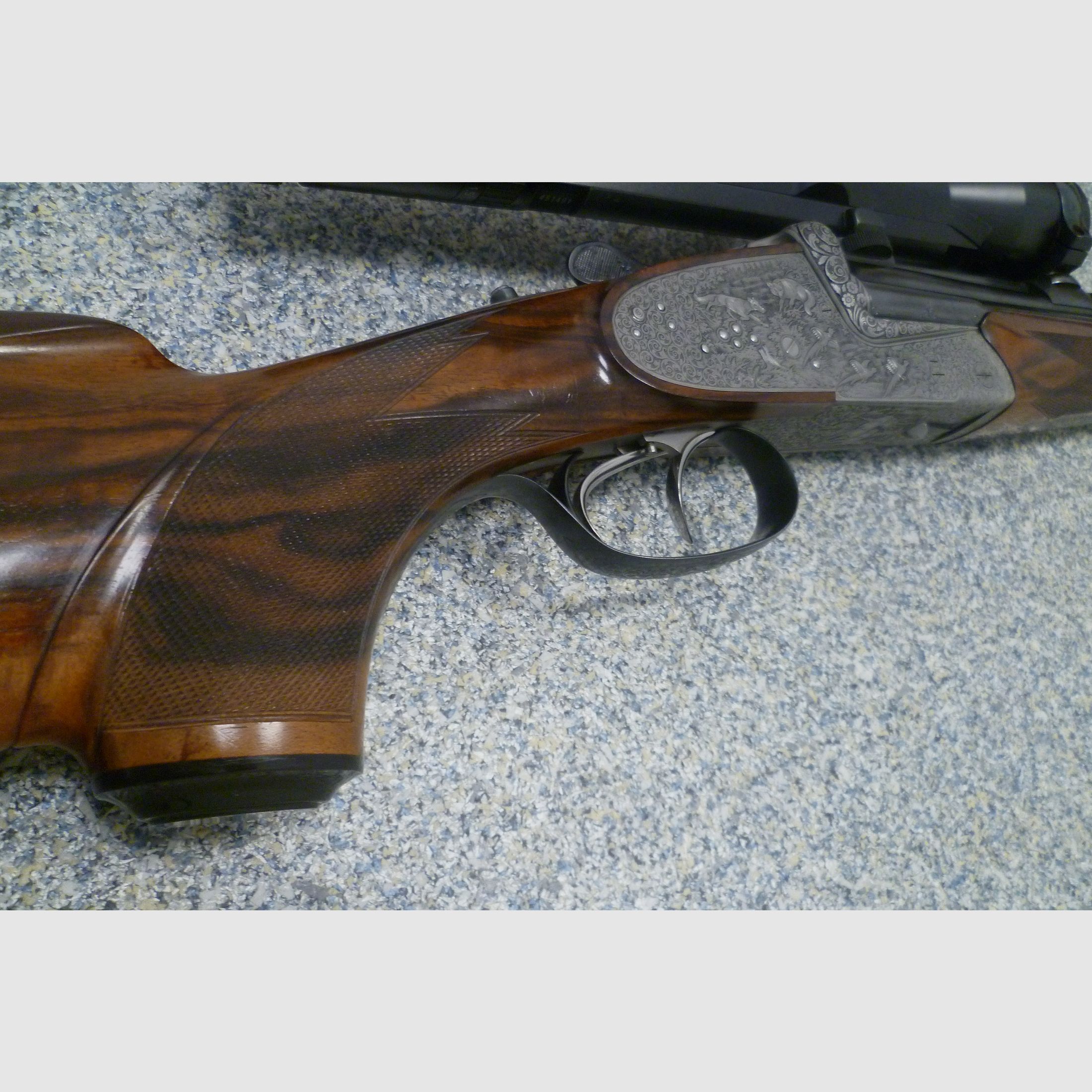 Seitenschloss - Bockdrilling Ludwig Borovnik Ferlach 16/70 & 7x65R & .22 Hornet