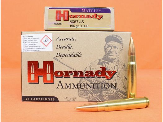 Cartucce Hornady 8x57JS Hornady 196grs BTHP (82298) VE 20 cartucce/ 12,7g punta cava a forma di torpedo match