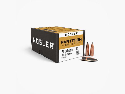 NOSLER – PARTITION HUNTING BULLETS | 25 caliber (.257″) Spitzer | 100 grain (6.5 grams) | 50pz