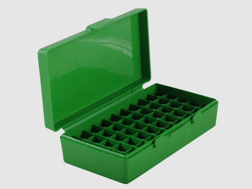 MTM cartridge box P50-45-10 green with flip lid for 50 cartridges .45 ACP and others.