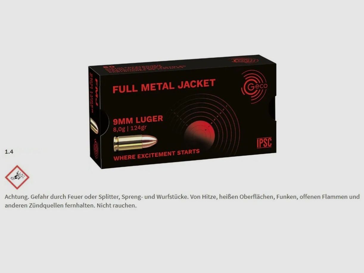 Ammunition GECO 9mm Luger 124grs. FMJ 1000 pieces