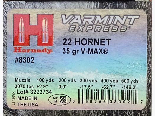 Hornady .22 Hornet Varmint Express V-MAX 35grs - 25 cartouches
