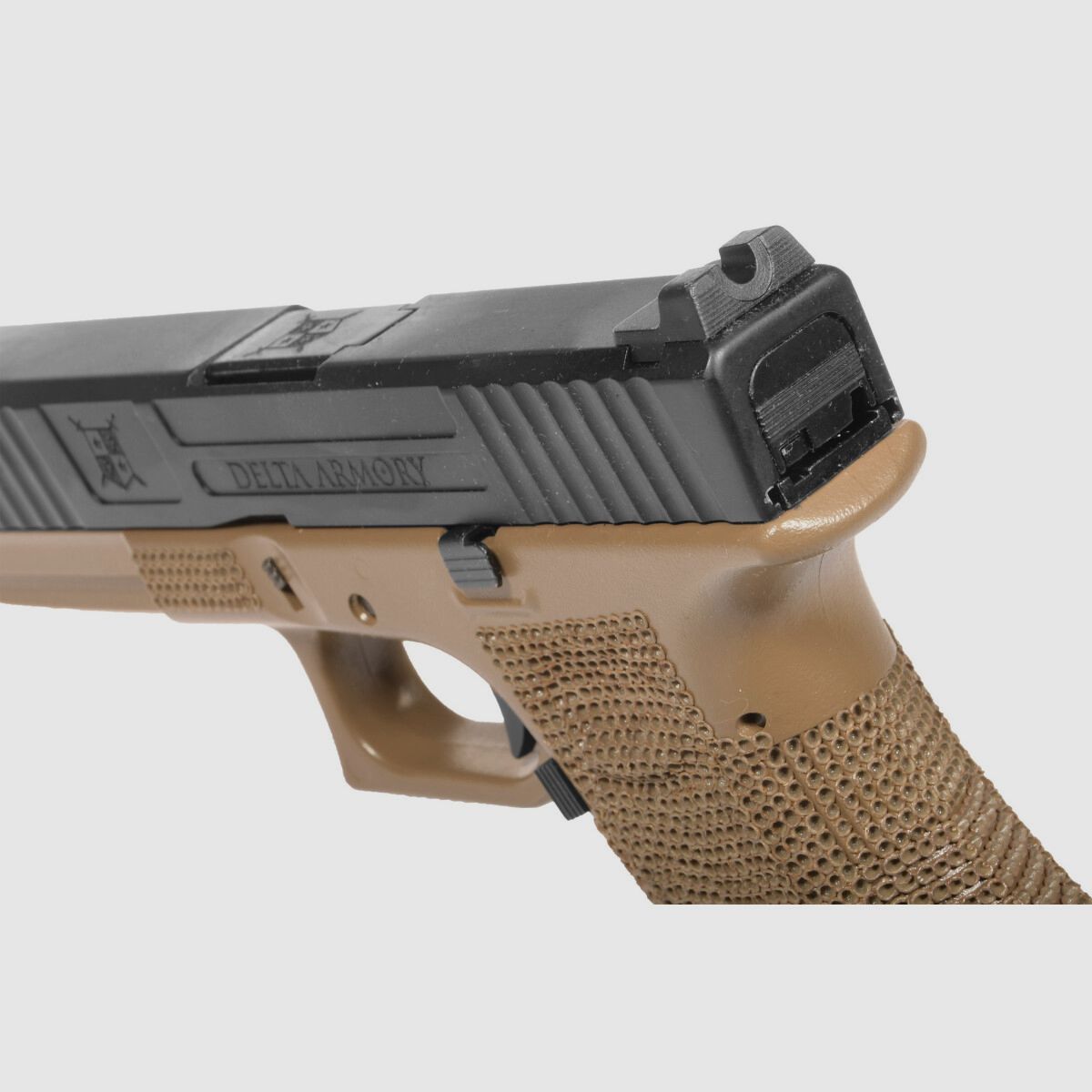 P04 GBB Airsoft Pistol with Grip Stippling in Tan | Delta Armory