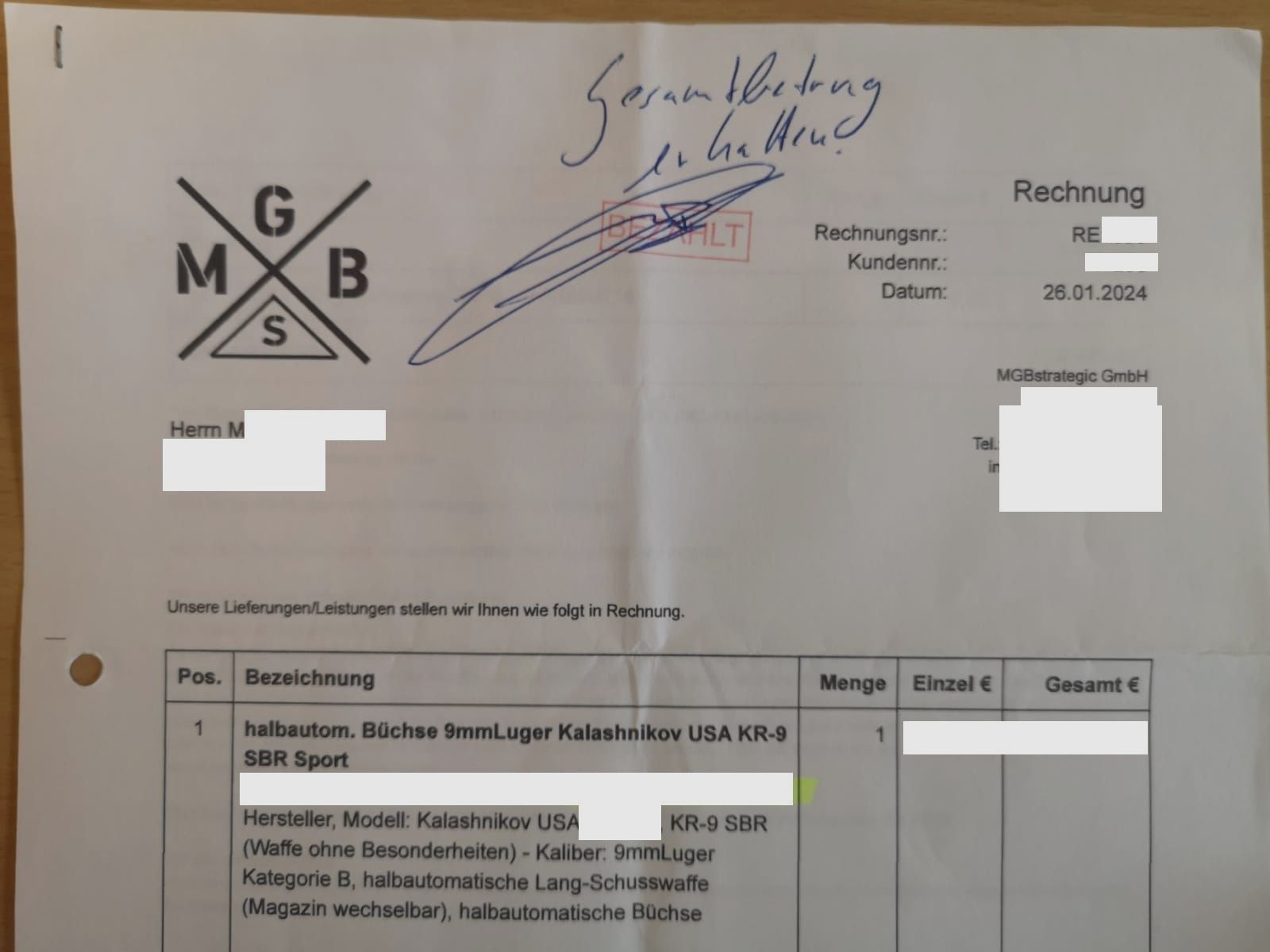 Kalaschnikov USA - KR-9 SBR Sport, carabine semi-automatique en calibre 9mm Luger, PCC, avec 6 chargeurs, mallette et certificat BKA, état d'origine - Limité