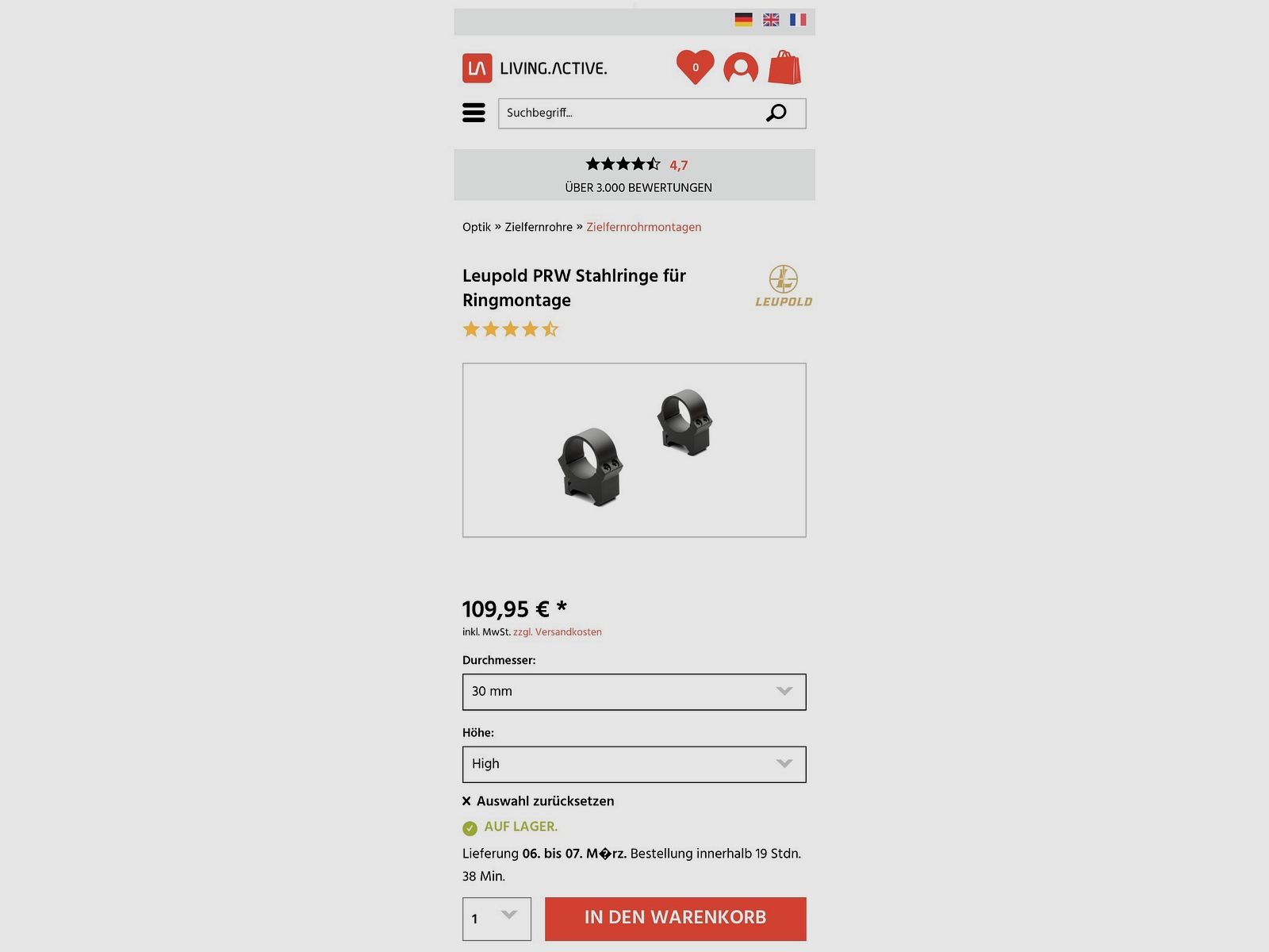 Leupold  Picatinny RINGE 30mm High (H=12,18mm) Stahl, Matt