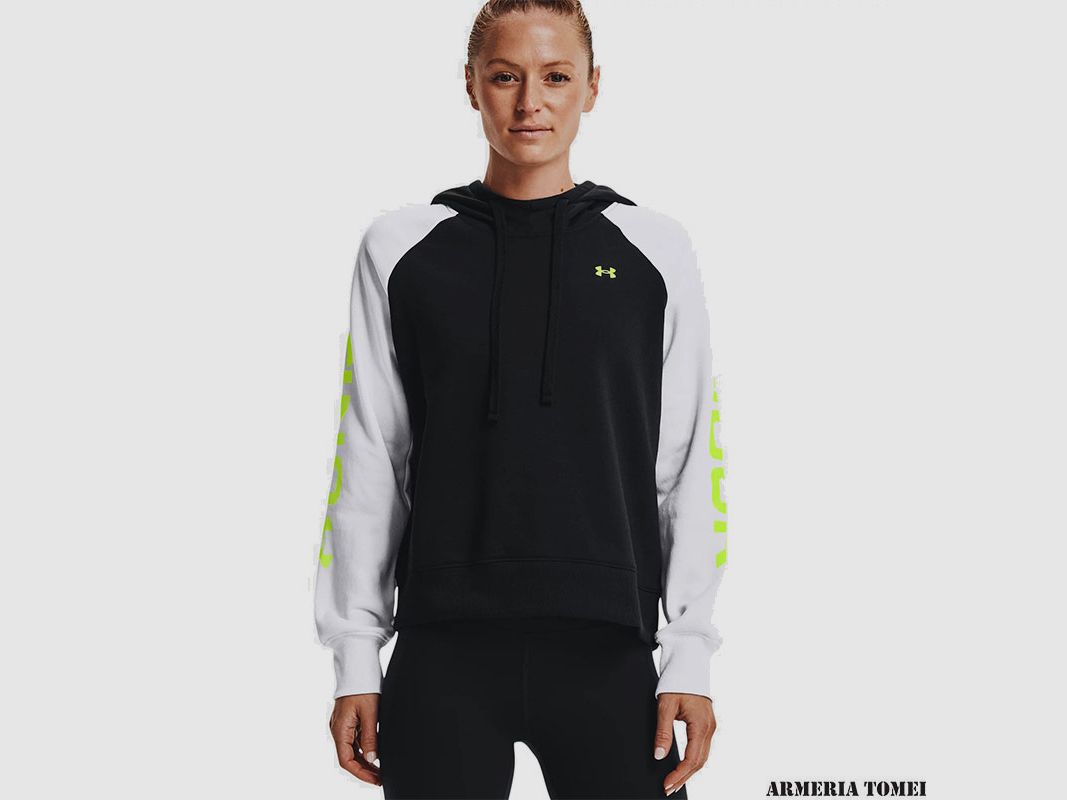 UNDER ARMOUR – DAMY – RIVAL FLEECE CB HOODIE Czarny/Biały/Żółty, zdjęcie 3 z 4