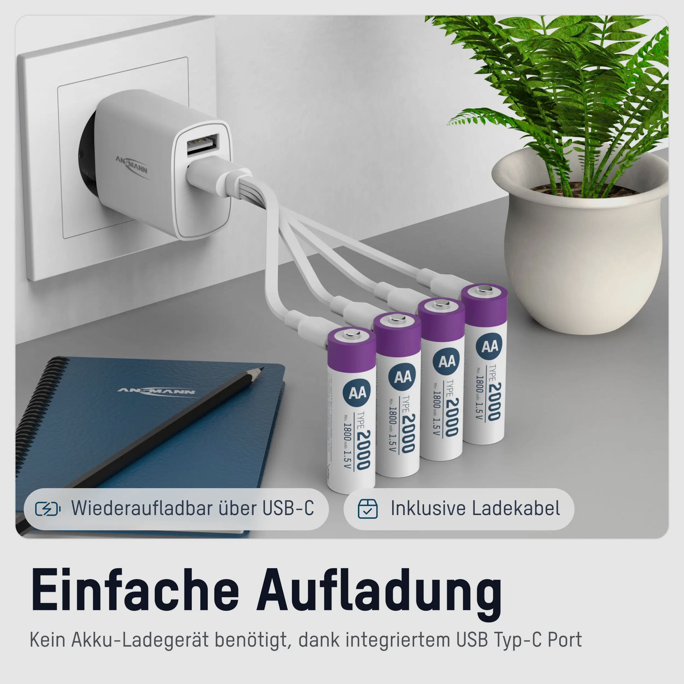 Pacco da 4 batterie AA Li-Ion Ansmann con cavo di ricarica