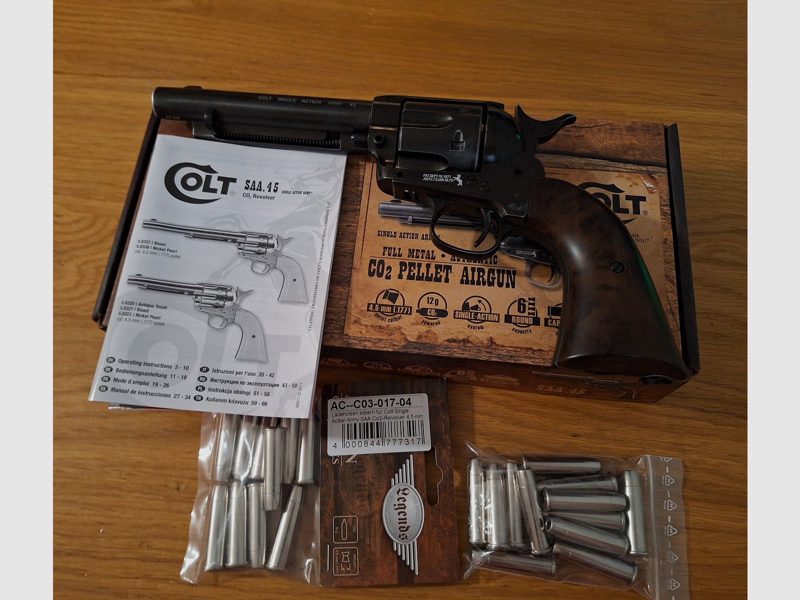 Colt Single Action Army (SAA) Co2 4,5 mm Diabolo gezogener Lauf realistisches Nachladen mit 22 Ladehülsen antik finish
