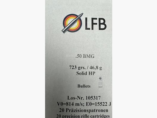 LFB .50 BMG mit Long Range Geschosse Messing Solid HP 723 grain 20 Stück