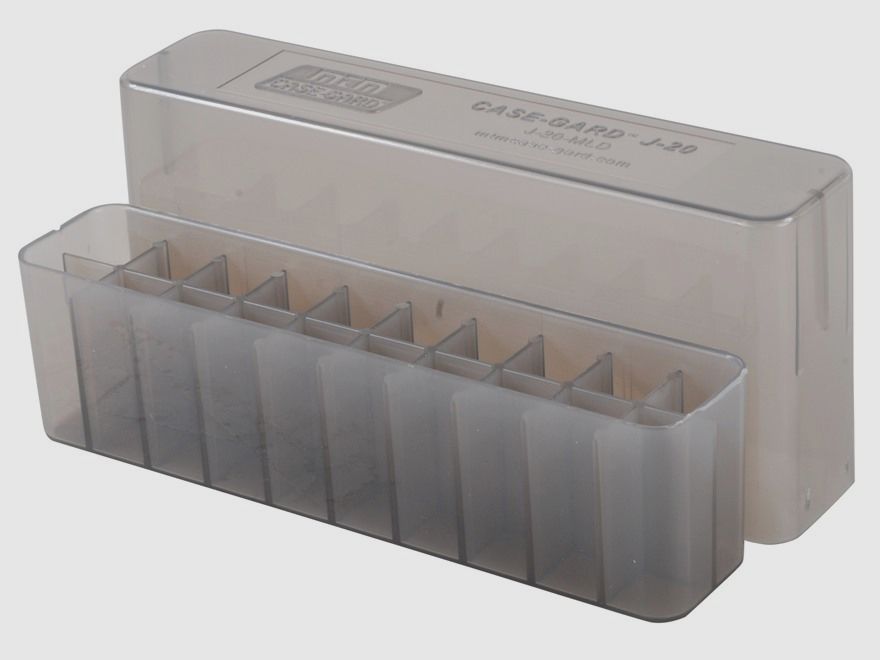 Boîte à cartouches MTM J-20-MLD-41 transparente avec couvercle pour 20 cartouches .45-70 et autres.