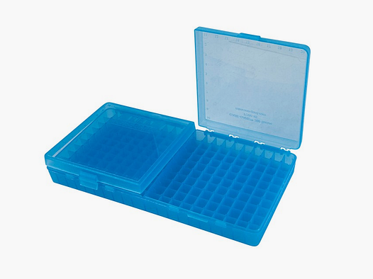 MTM scatola per cartucce P-200-9-24 blu trasparente con coperchio a ribalta per 200 cartucce 9mm e inferiori.