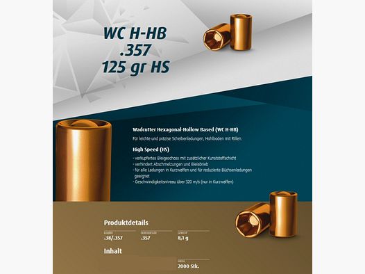 2000St. H&N Geschosse .357 WC H-HB HS 125grs - .38/.357 | Haendler&Nattermann BLEIGESCHOSSE