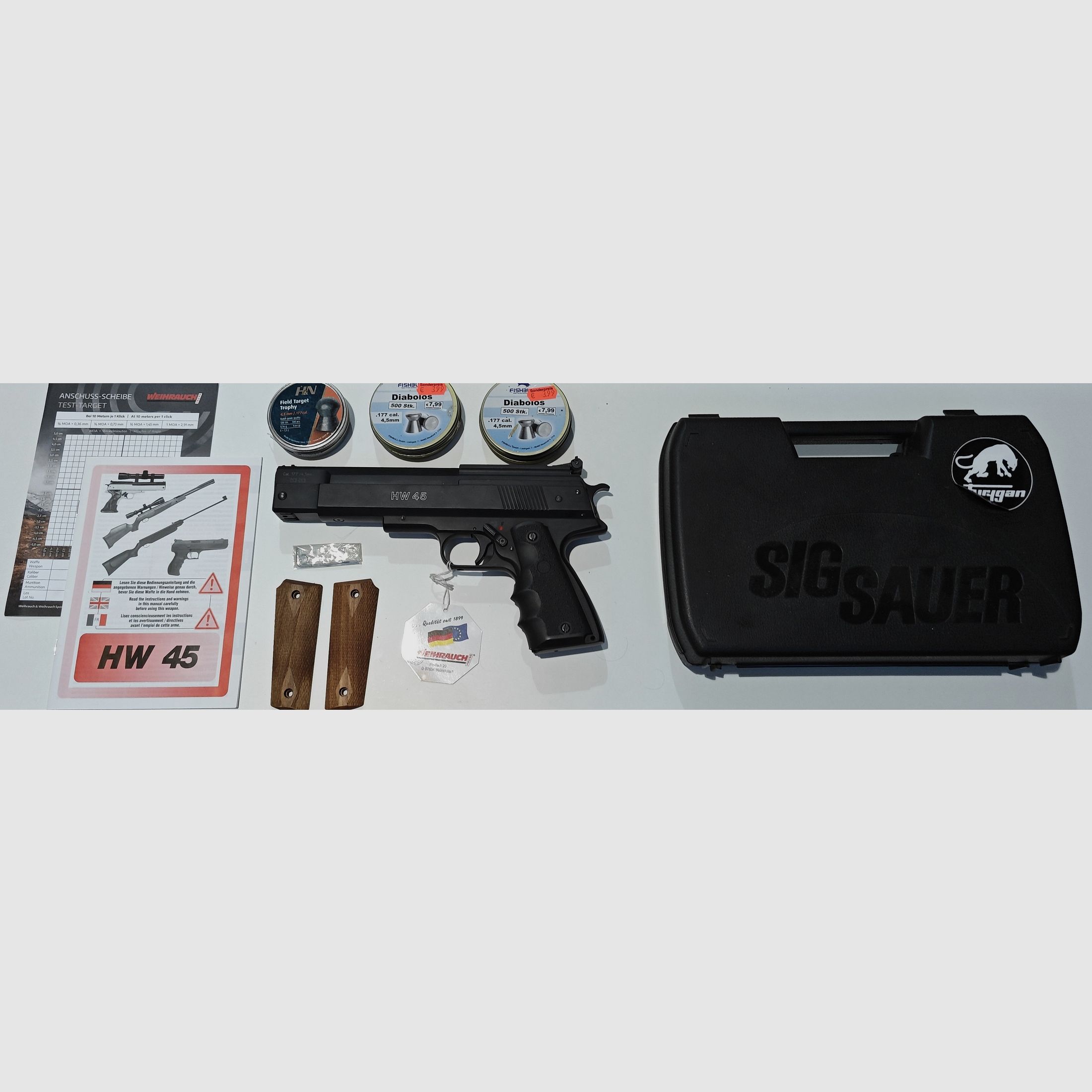 Weihrauch HW 45 pistola de aire calibre 4,5 mm (.177) – marca F – incl. empuñadura Hogue, cachas de madera, maletín y accesorios
