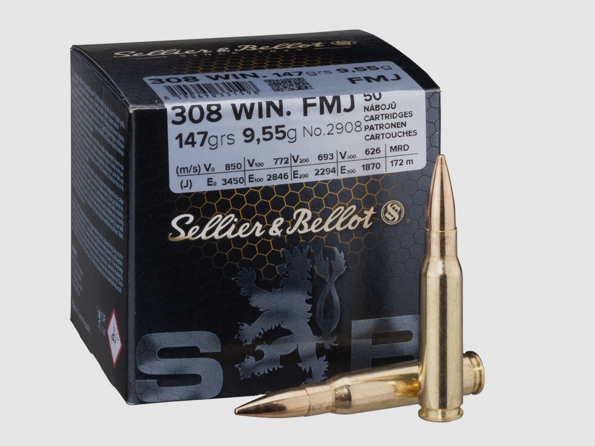 .308 Win. Full metal jacket 9.5g/147grs. Sellier & Bellot