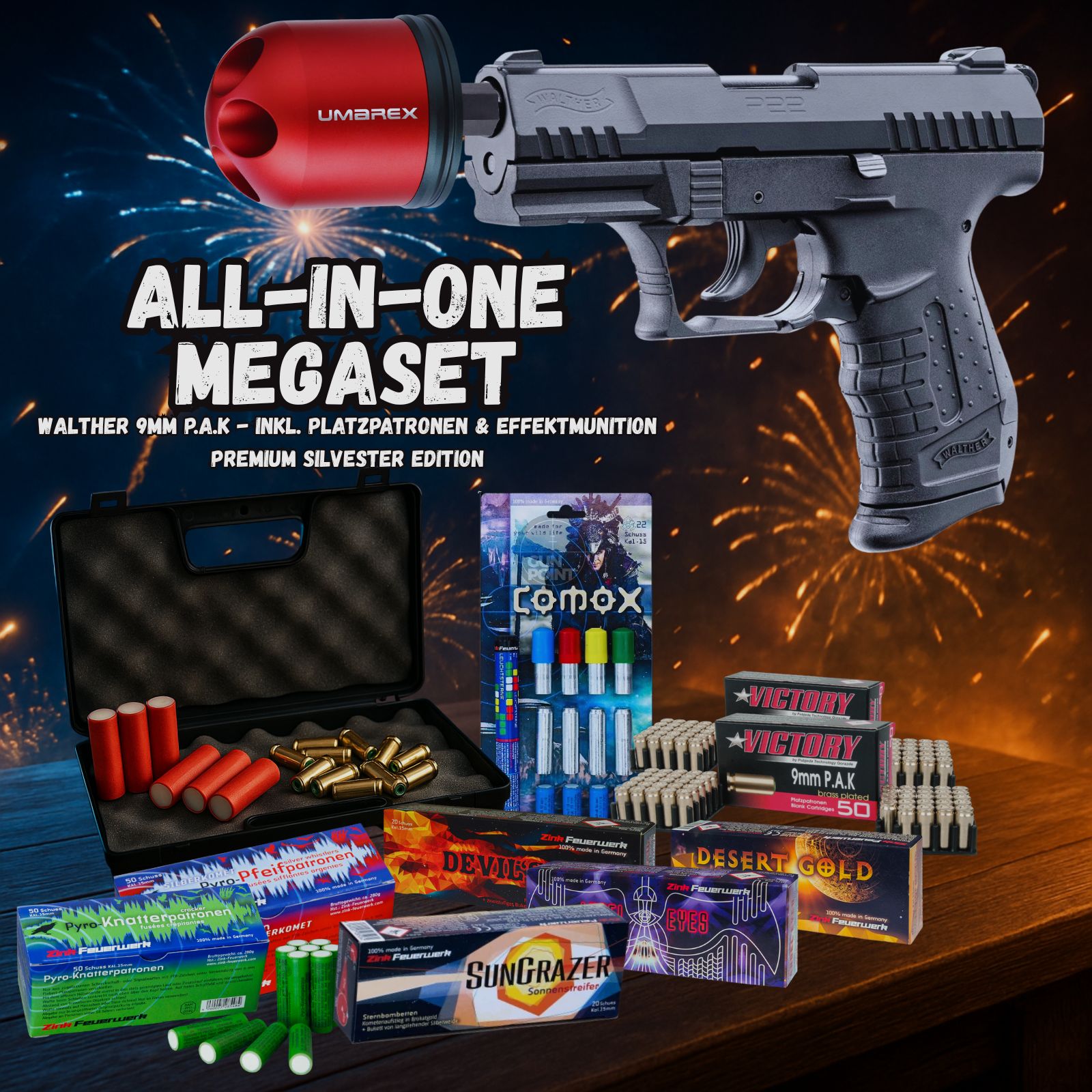 ALLE IN EEN MEGASET !!! Schreckschuss - Pistool - Walther P22 - 9 mm P.A.K. incl. Koffer, Multi Afschietbeker, 100 Flodderpatronen & 202 Schot Effectmunitie