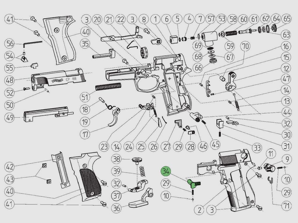 Entriegelungshebel fĂĽr CO2 Pistole Walther CP88, Ersatzteil