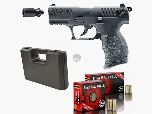 SET !!! Pistola de señal de gas - Walther - P22Q - 9 mm P.A.K. incluye maletín y 100 disparos de munición