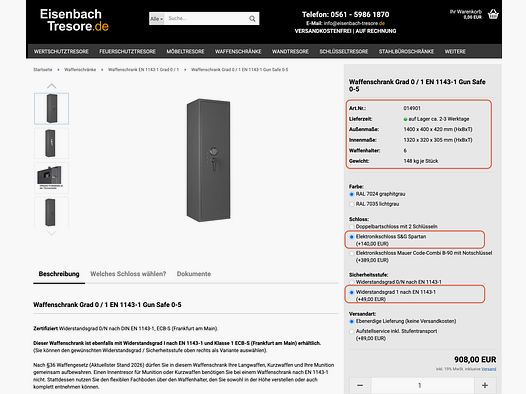 Armadio per armi con serratura a combinazione Classe 1 EN 1143-1 NUOVO Garanzia