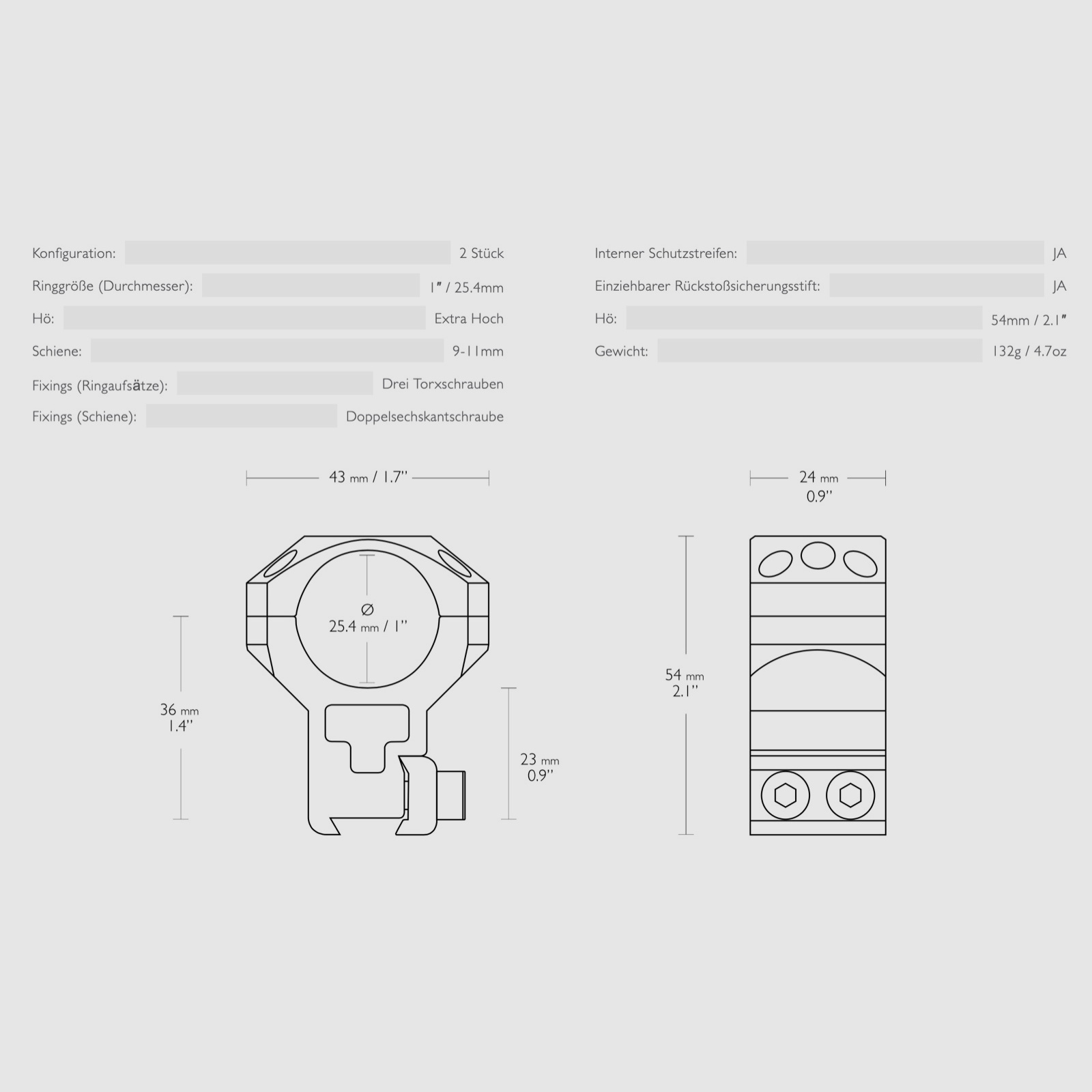 Hawke 24103 Taktische Ringmontagen 1" 2 Stück 9-11mm Extra Hoch 25,4mm