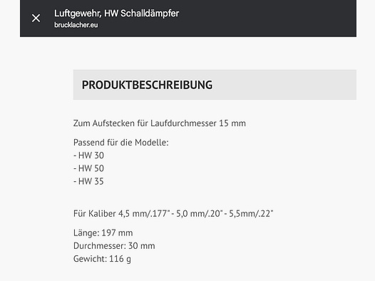 Schalldämpfer für Luftgewehr/ Lauf 15 mm