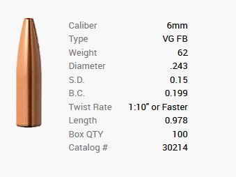 Barnes Geschoss 6mm/.243 62GR Varmint FB 100 Stück