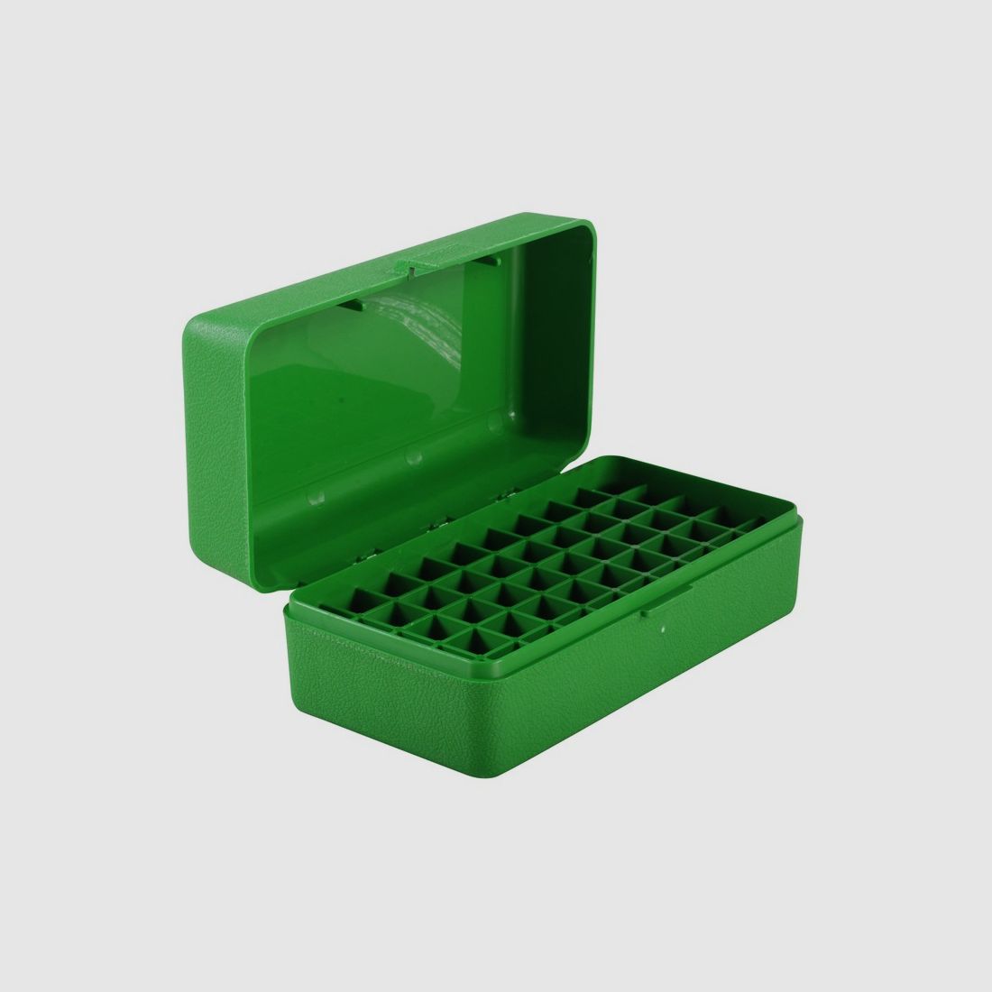 Boîte à cartouches MTM RSLD-50-10 verte avec couvercle rabattable pour 50 cartouches .500 S&W et autres.
