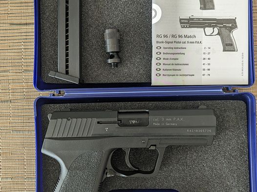 Röhm RG 96 Schreckschuss Pistole brüniert mit Leder Passformholster und Ersatzmagazin