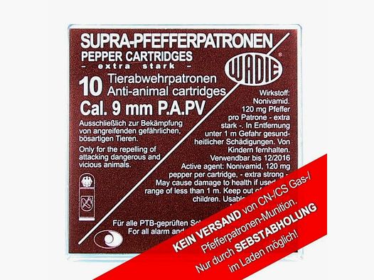 Wadie Supra Pepper Cartridges / Cal. 9 mm P.A. PV / 120 mg NV