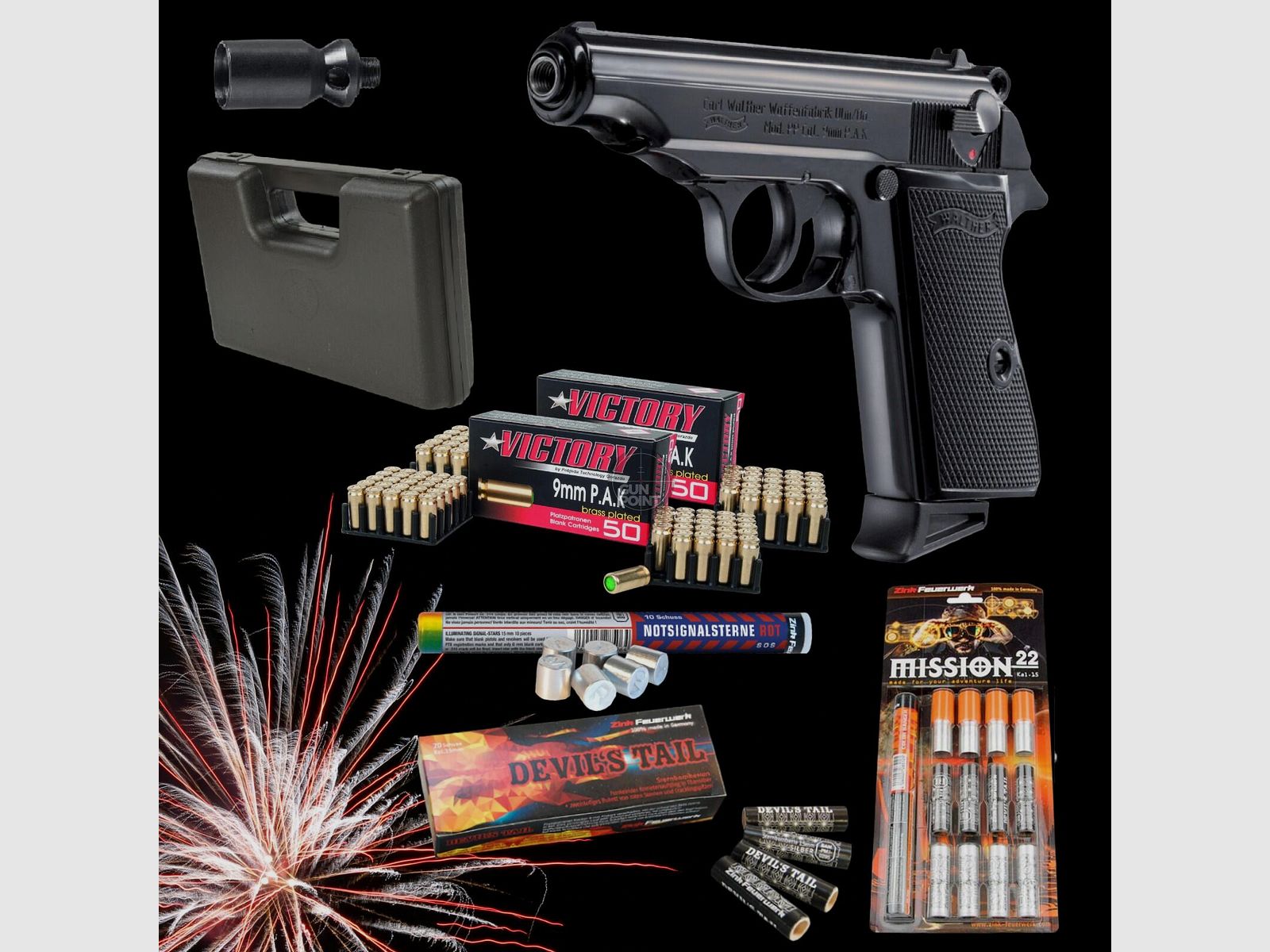 SILVESTER MEGASET !!! Schreckschuss - Pistole - Walther PP - 9 mm P.A.K. inkl. Koffer, 100 Platzpatronen & 52 Schuss Effektmunition