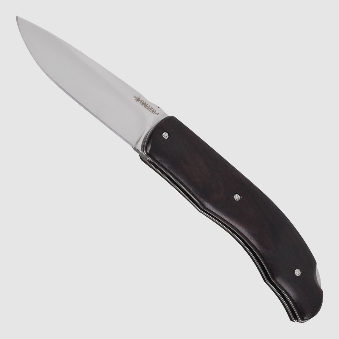 Cuchillo de bolsillo con mango de ébano, resorte y hoja con trabajo de archivo, legalmente conforme para llevar según el §42a