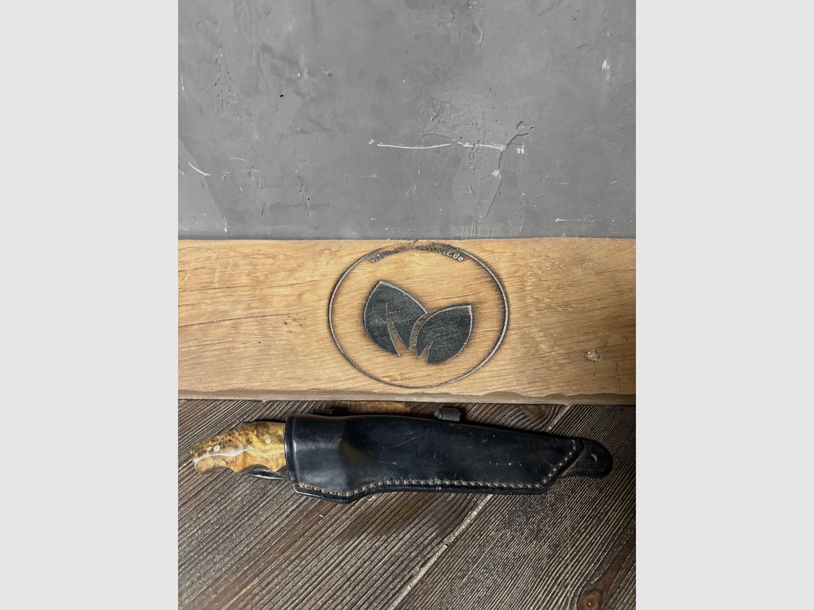 Handcrafted collector's knife Tanto with maple handle and leather pad