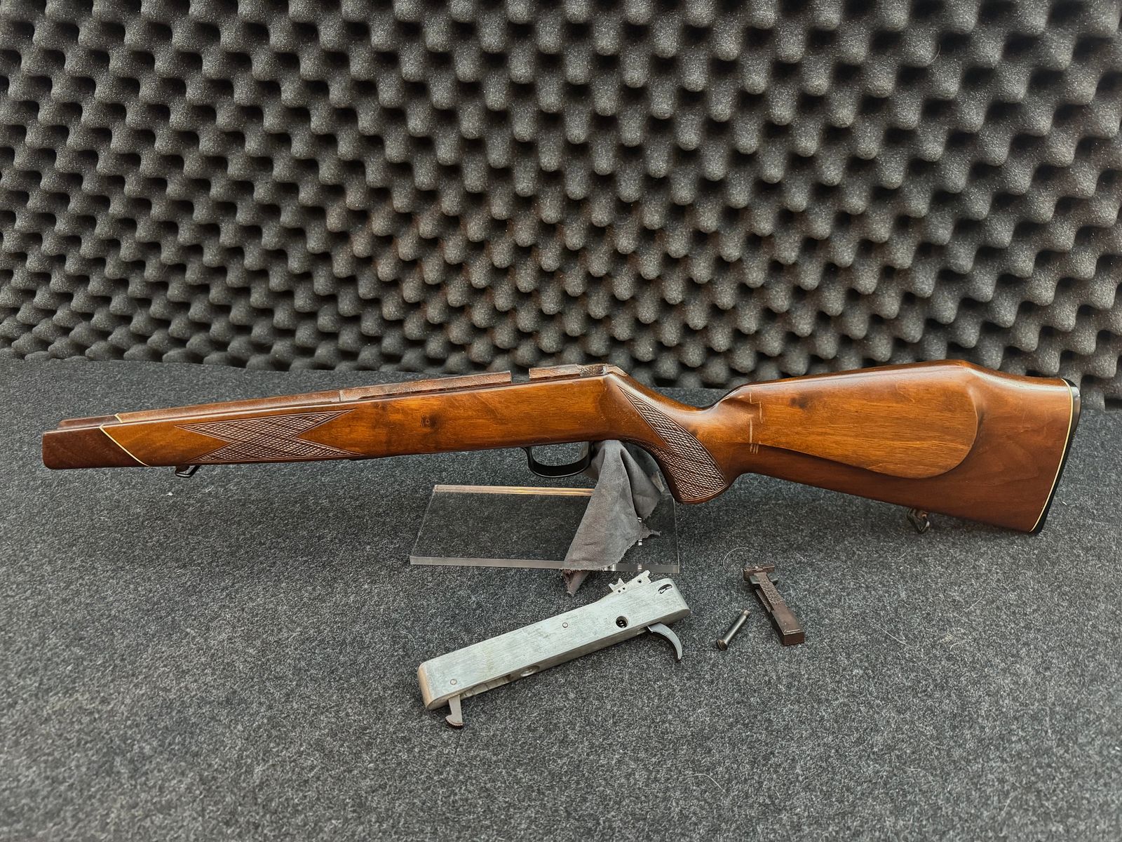 Stock and system bedding with removal and safety Voere 22lr repeating rifle