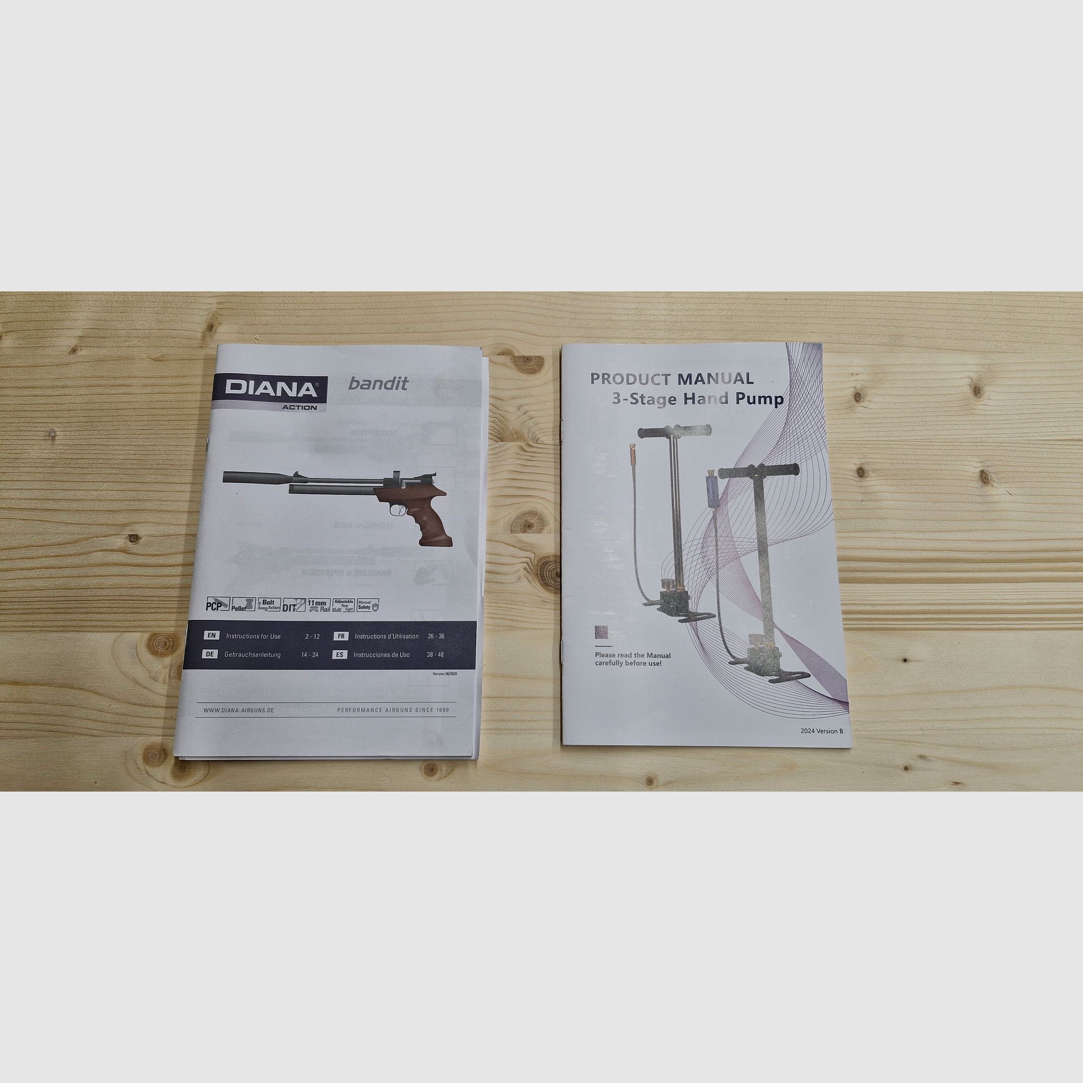 Luftpistole Diana Bandit, Pressluft, Magazin, Schalldämpfer – mit Luftpumpe, Auflage, 4,5mm-Diabolo, Ständer, Zubehör