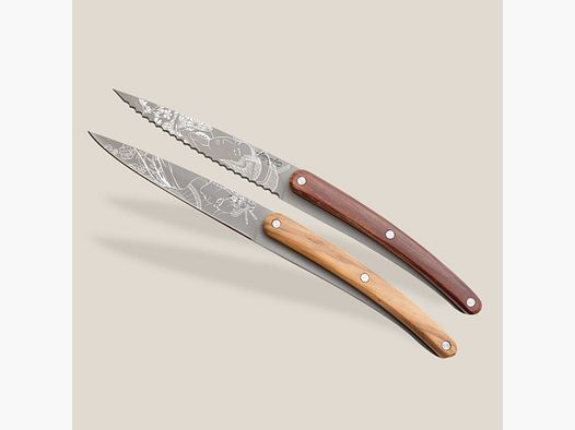 2 Deejo Schälmesser, Olivenholz und Korallenholz / Japanisch