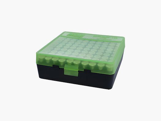 Boite de rangement MTM 100 munitions cal 44 Mag noire et verte transparente